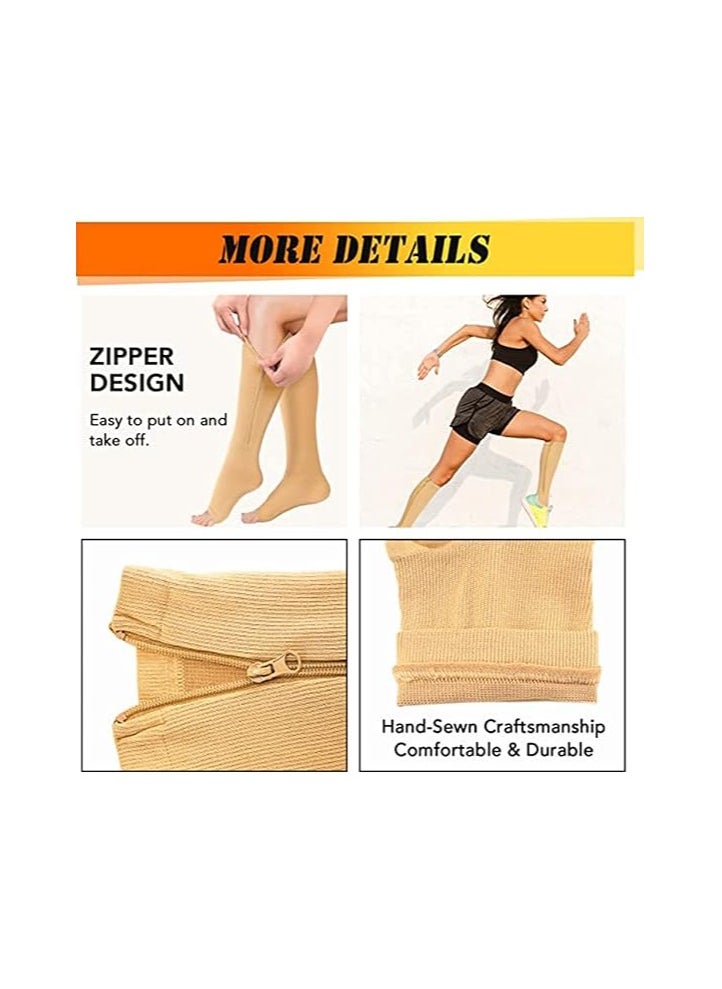 Generic Compression Socks for Women & Men with Zipper,2 Pairs Medical Open Toe Calf Knee High Compression Stocking for Walking,Running Circulation Support,beige 2 pair  - Image 5