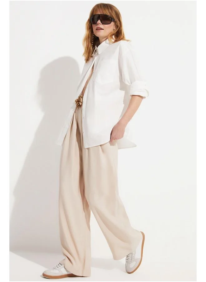 جون June Women Straight Fit Pleated Modal Woven Trouser Beige