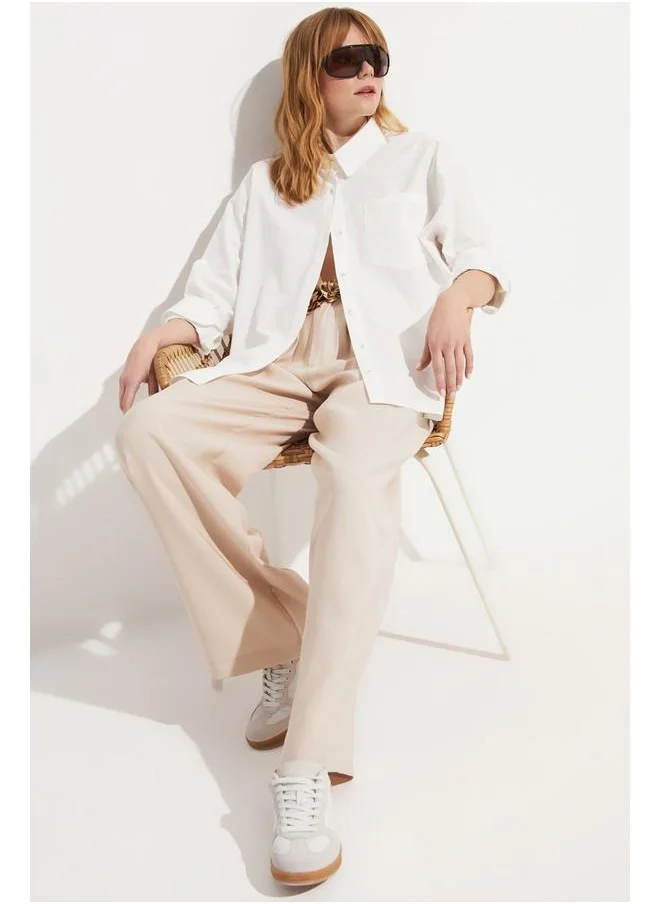 جون June Women Straight Fit Pleated Modal Woven Trouser Beige