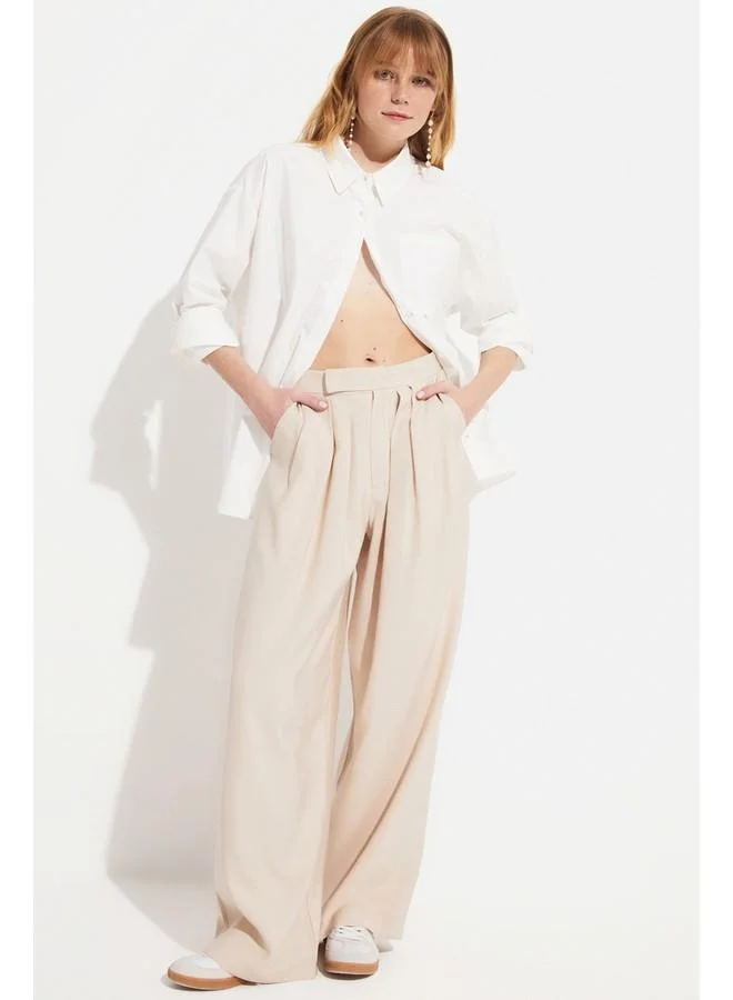 جون June Women Straight Fit Pleated Modal Woven Trouser Beige