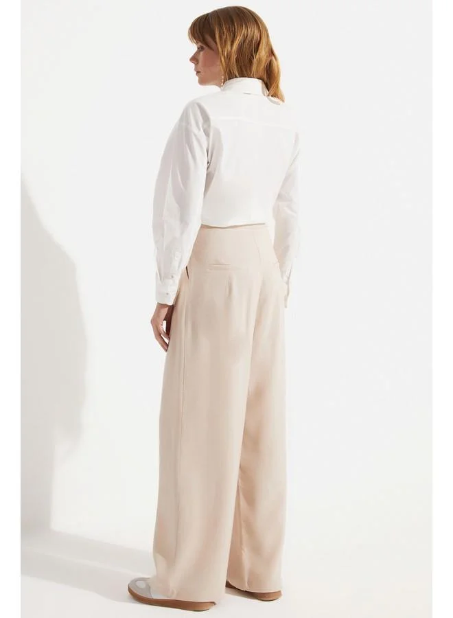 جون June Women Straight Fit Pleated Modal Woven Trouser Beige