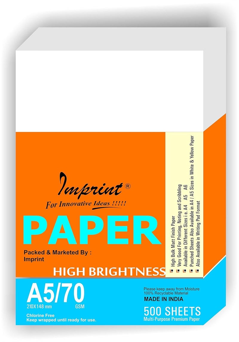 Imprint A5 Copier Paper(SMALL SIZE-Not A4 Size), Multipurpose Printer Paper, 500 Sheets, 70 GSM, 2 Reams(Total 1000 Sheets) - Image 1