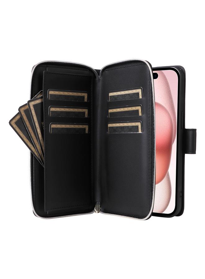 اس-توب حافظة لهاتف iPhone 15 مزودة بتسع فتحات للبطاقات وحقيبة محفظة بسحاب مصنوعة من الجلد - Image 5