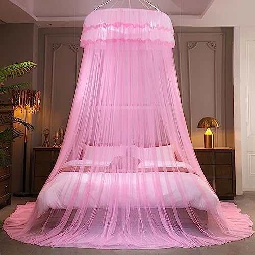 Kertnic Mosquito Net Bed Canopy for Girls Princess Canopy Bed Curtain Fine Sheer Mesh Dome Bed Canopies Kids Adults Lace Tent for Twin Full Queen King Bed Pink - Image 3