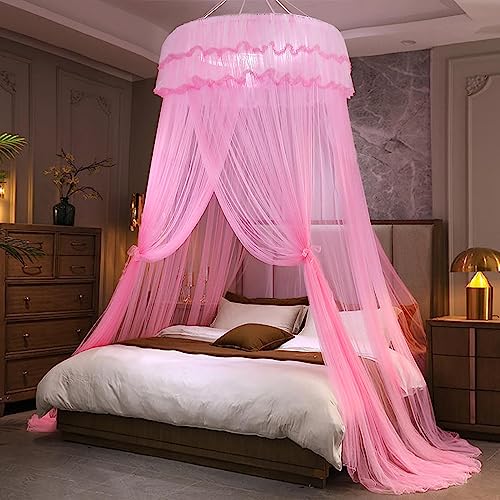 Kertnic Mosquito Net Bed Canopy for Girls Princess Canopy Bed Curtain Fine Sheer Mesh Dome Bed Canopies Kids Adults Lace Tent for Twin Full Queen King Bed Pink - Image 1