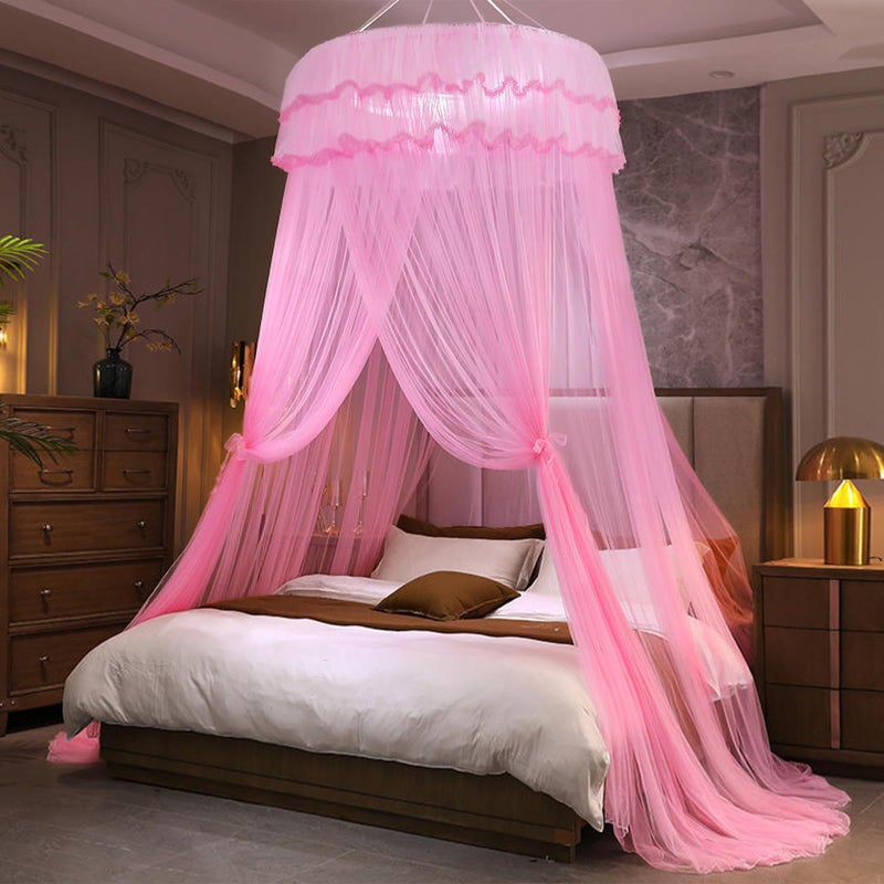 Kertnic Mosquito Net Bed Canopy for Girls Princess Canopy Bed Curtain Fine Sheer Mesh Dome Bed Canopies Kids Adults Lace Tent for Twin Full Queen King Bed Pink - Image 2