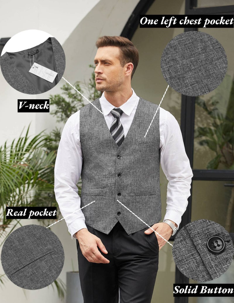 COOFANDY Men's Slim Fit Tweed Suit Vest Formal Business Herringbone Waistcoat Grey Medium - Image 5