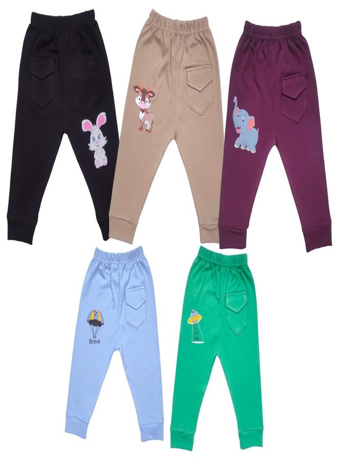 RCW Kids Baby Pants Cotton Pajama with Back Pocket Animal Print Soft Lower Payjama Leggings Regular Fit Bottom Ribs Comfortable Sleepwear Lounge Pant for Boys & Girls (Set of 5) (1-2 Year) Multicolor - Image 1