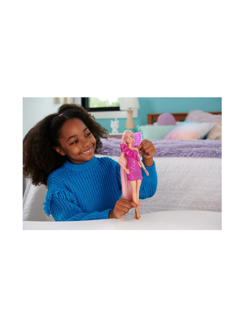 باربي دمية شعر مرحة وأنيقة بشعر أشقر ملون طويل جدًا وإكسسوارات تصفيف الشعر - Image 2