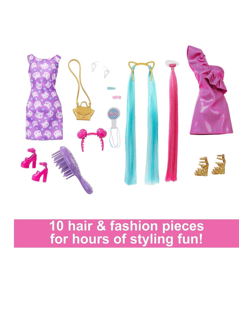 باربي دمية شعر مرحة وأنيقة بشعر أشقر ملون طويل جدًا وإكسسوارات تصفيف الشعر - Image 3