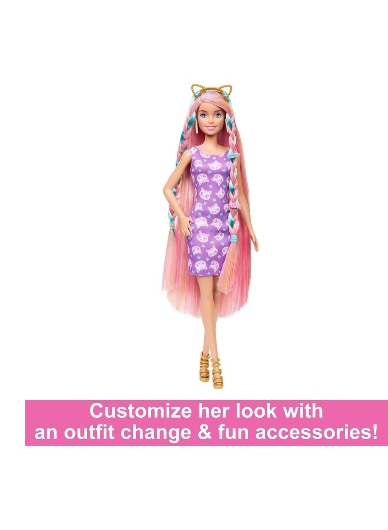باربي دمية شعر مرحة وأنيقة بشعر أشقر ملون طويل جدًا وإكسسوارات تصفيف الشعر - Image 5