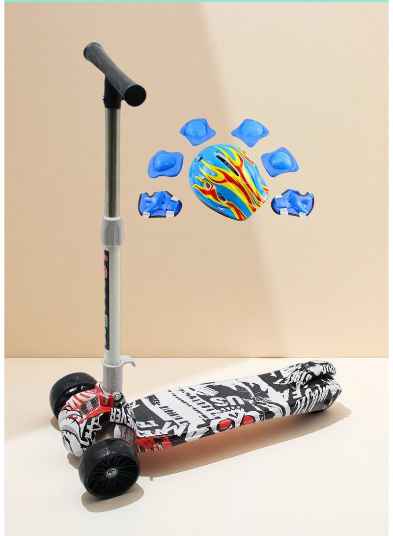 إيزي فيتشور سكوتر ركل للأطفال من إيزي فيوتشر: تصميم قابل للطي، مقبض قابل لضبط الارتفاع، عجلات LED، فرامل خلفية للأعمار من 3 إلى 8 سنوات، بما في ذلك مجموعة معدات الحماية الكاملة - Image 1