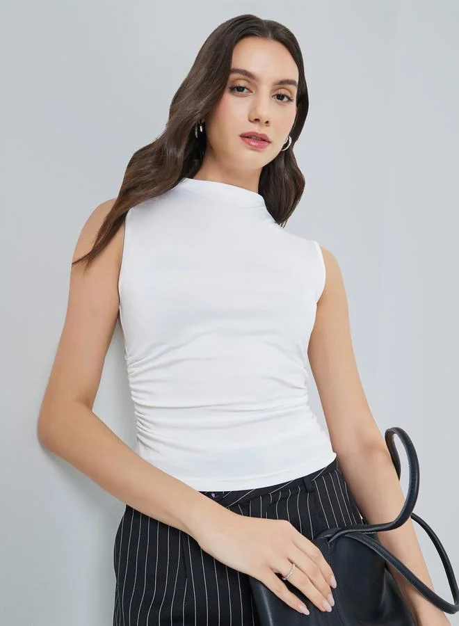 Take Two White High Neck Sleeveless Pleated Top