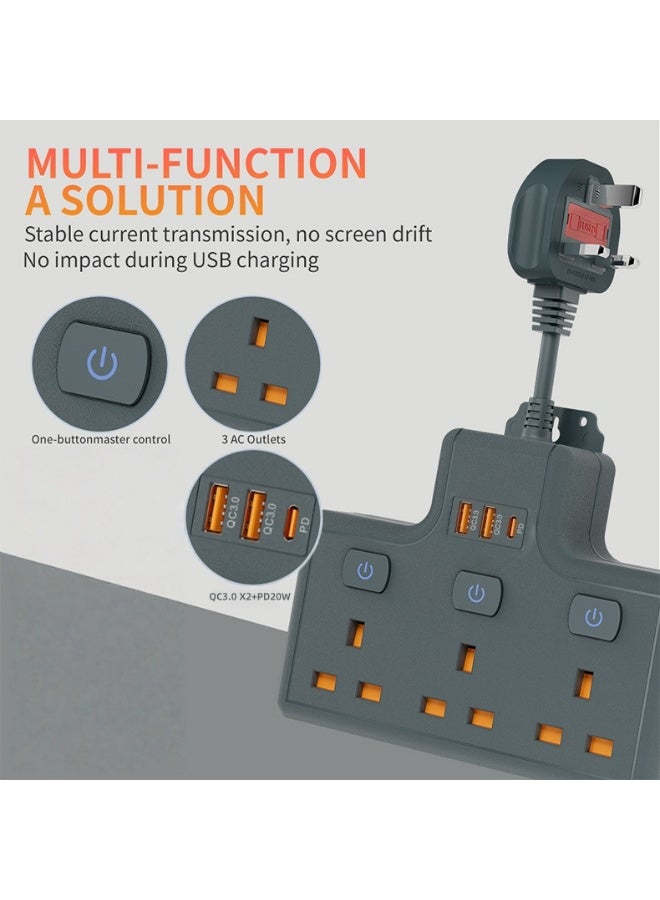 NANAO محول متعدد، 6 في 1 مقبس تمديد 3 طرق 3 USB (2 QC3.0، 1 PD)، شريط طاقة مقبس حائط، محول مقبس موسع للاستخدام المنزلي والمكتبي - Image 3