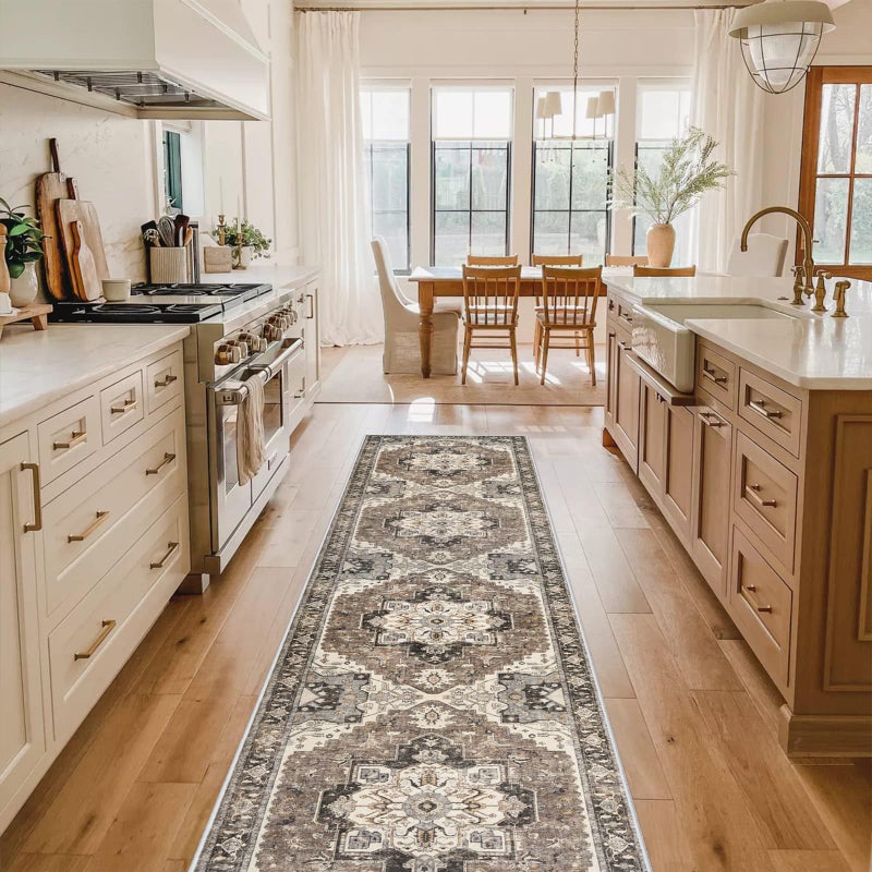 RUUGME Washable Kitchen 2x10 Runner Rug: Non-Slip Hallway Rugs Indoor Soft Low Pile Stain Resistant Carpet for Bedroom Entryway Ultra-Thin Vintage Home Decor Floor Mat for Bathroom (Beige/Blue/Grey, 2 x 10) - Image 1
