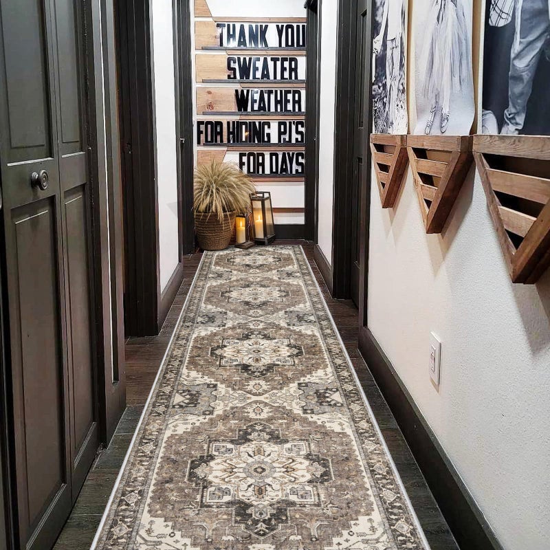 RUUGME Washable Kitchen 2x10 Runner Rug: Non-Slip Hallway Rugs Indoor Soft Low Pile Stain Resistant Carpet for Bedroom Entryway Ultra-Thin Vintage Home Decor Floor Mat for Bathroom (Beige/Blue/Grey, 2 x 10) - Image 3