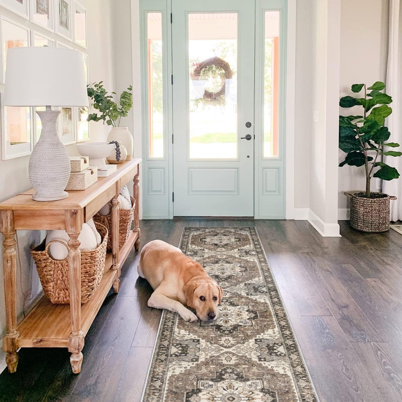 RUUGME Washable Kitchen 2x10 Runner Rug: Non-Slip Hallway Rugs Indoor Soft Low Pile Stain Resistant Carpet for Bedroom Entryway Ultra-Thin Vintage Home Decor Floor Mat for Bathroom (Beige/Blue/Grey, 2 x 10) - Image 2