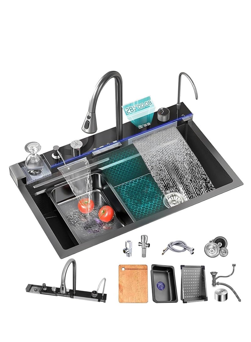 ULHYC Kitchen Sink, 304 Stainless Steel Waterfall Sink, Nano Workstation Sink with Digital Dispaly, Pull-out Faucet, Drop in Kitchen Sink with Accessories,Temperature real-time display (75×46×22cm) - Image 1
