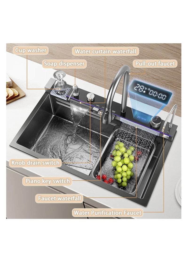 ULHYC Kitchen Sink, 304 Stainless Steel Waterfall Sink, Nano Workstation Sink with Digital Dispaly, Pull-out Faucet, Drop in Kitchen Sink with Accessories,Temperature real-time display (75×46×22cm) - Image 2