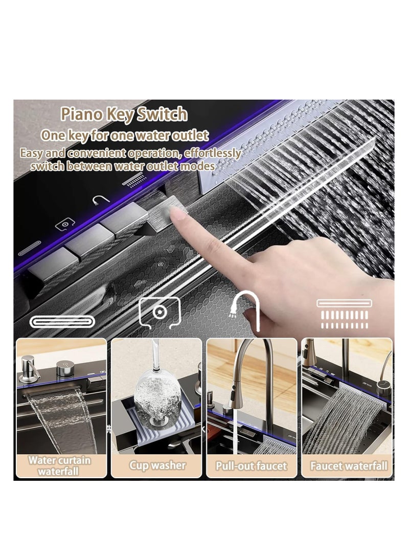 ULHYC Kitchen Sink, 304 Stainless Steel Waterfall Sink, Nano Workstation Sink with Digital Dispaly, Pull-out Faucet, Drop in Kitchen Sink with Accessories,Temperature real-time display (75×46×22cm) - Image 3