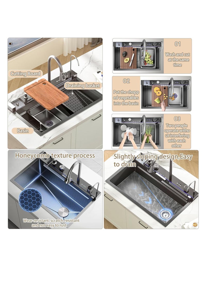 ULHYC Kitchen Sink, 304 Stainless Steel Waterfall Sink, Nano Workstation Sink with Digital Dispaly, Pull-out Faucet, Drop in Kitchen Sink with Accessories,Temperature real-time display (75×46×22cm) - Image 4