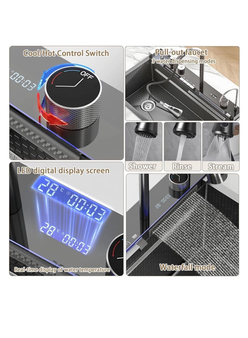 ULHYC Kitchen Sink, 304 Stainless Steel Waterfall Sink, Nano Workstation Sink with Digital Dispaly, Pull-out Faucet, Drop in Kitchen Sink with Accessories,Temperature real-time display (75×46×22cm) - Image 5
