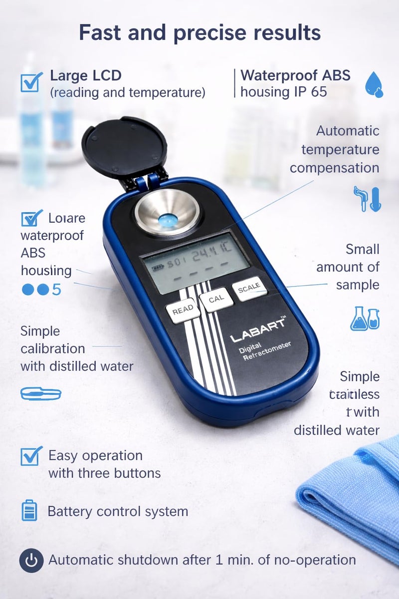 LABART Digital Refractometer for Sugar,Honey and High Brix value Content Brix 0-90% /R.I. /Temp with Certificate - Image 3