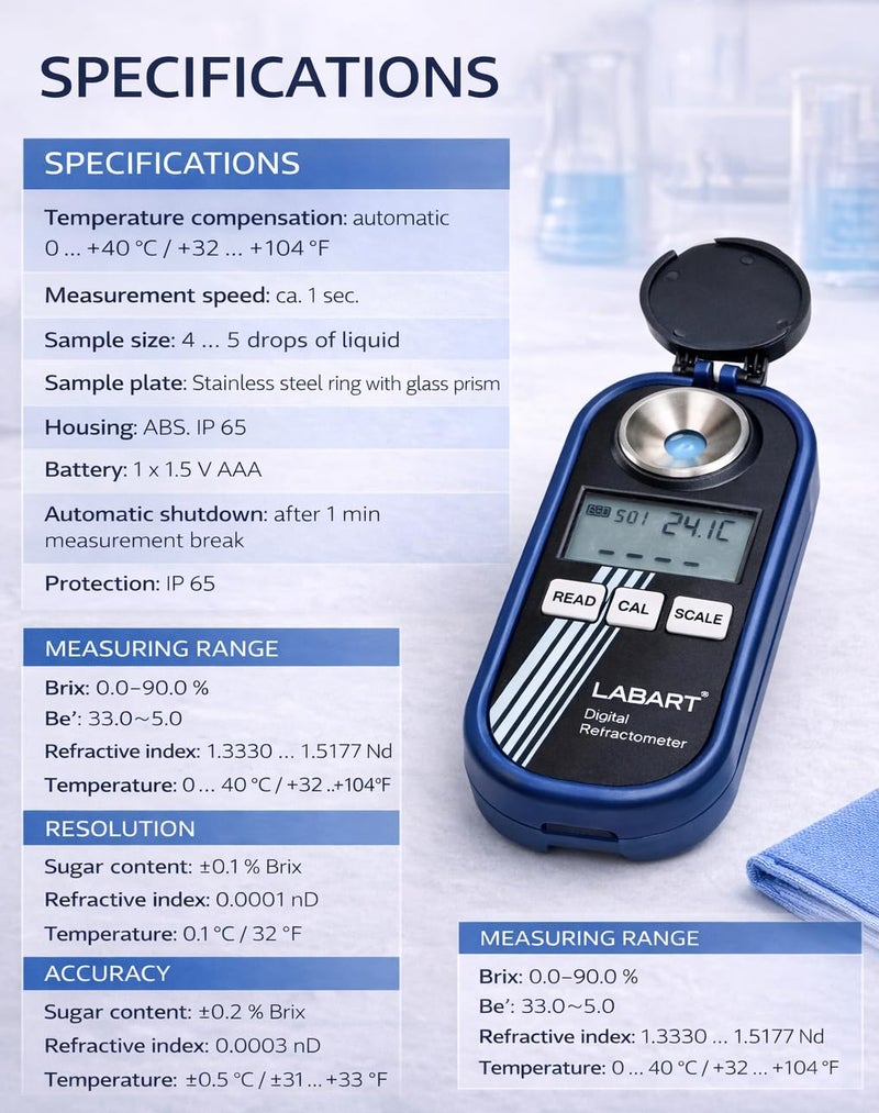 LABART Digital Refractometer for Sugar,Honey and High Brix value Content Brix 0-90% /R.I. /Temp with Certificate - Image 5