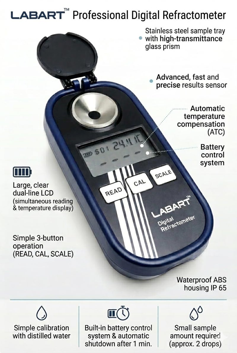 LABART Digital Refractometer for Sugar,Honey and High Brix value Content Brix 0-90% /R.I. /Temp with Certificate - Image 4