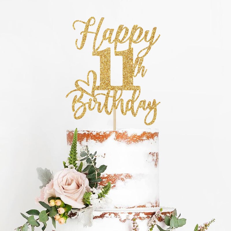 Yotawebery Gold Glitter Happy Birthday Cake Topper  Funny Happy Birthday Party Supplies (happy 11th birthday  Gold Glitter) - Image 2
