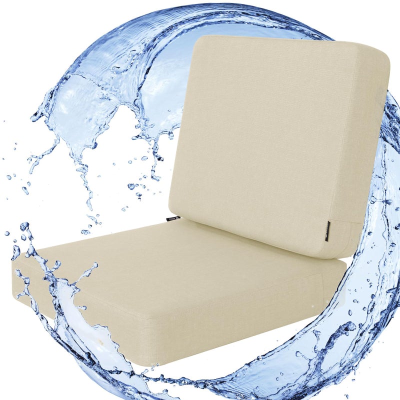 Favoyard Outdoor Deep Seat Cushion Set Rainproof 3Year Fade Resistant Patio Furniture Cushions with Removable Seat Bottom Back Cushion Covers for Chair Sofa Beige Seat 24x24In Back 24x20In