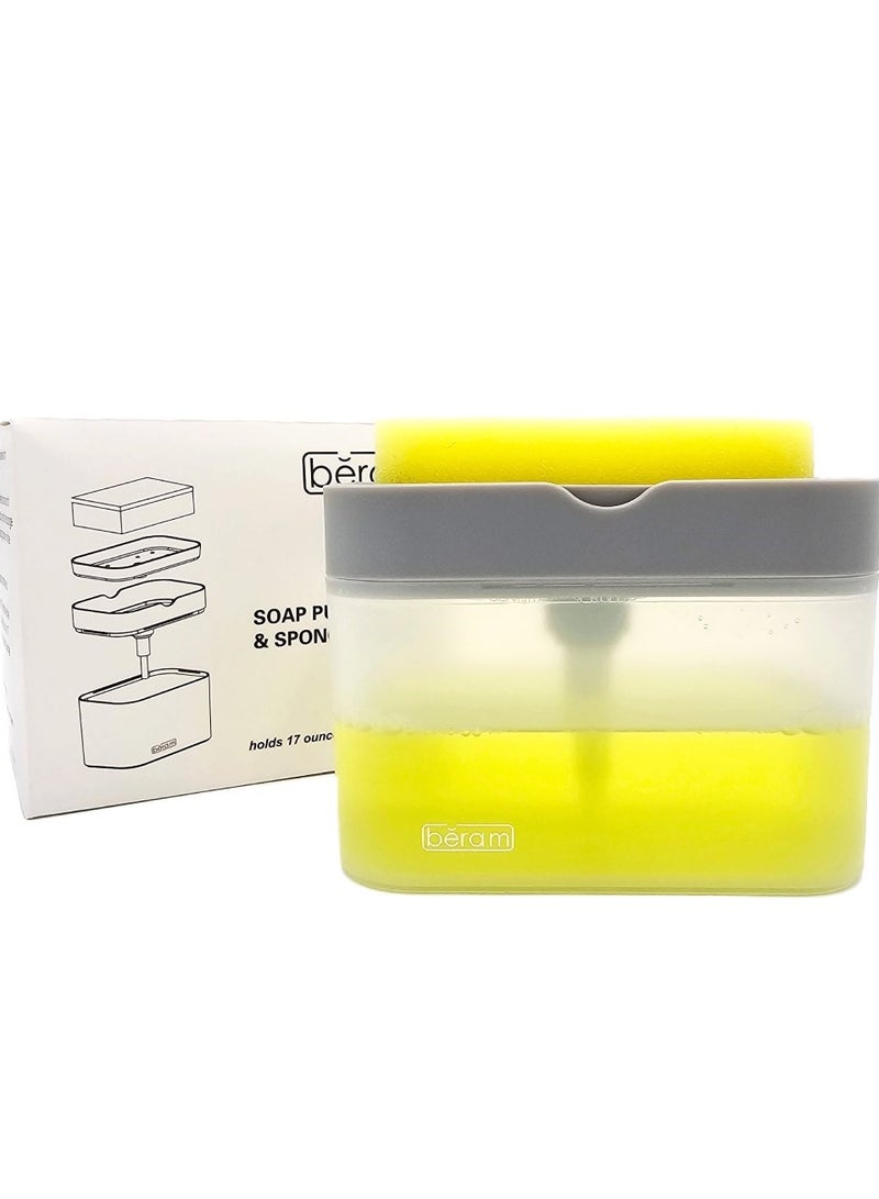 Beram 500ml Soap Dispenser with Sponge Holder, 2-in-1 Countertop Pump for Kitchen Sink, Dishwasher Soap Dispenser, Refillable with Cleaning Cloth Rack - Space-Saving Kitchen Organizer - Image 1