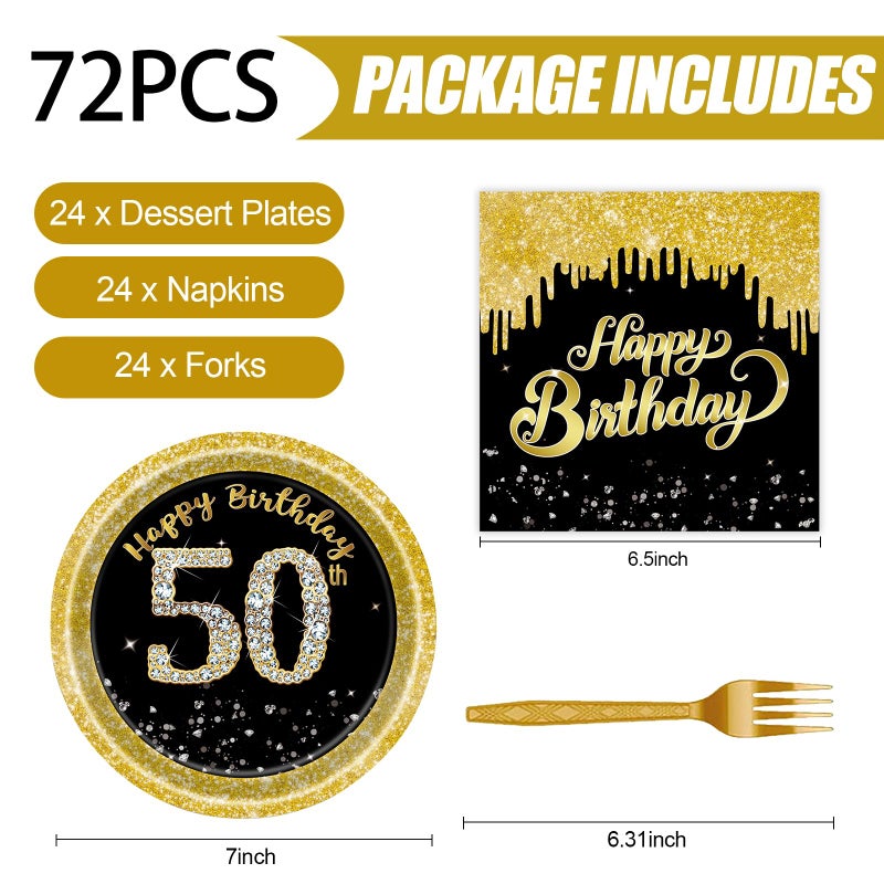 KFJBPB 72 Pcs 50th Birthday Paper Plates and Napkins Party Supplies  Back Gold 50th Birthday Party Plates and Napkins Tableware Set for Men Women Cheers to 50 Years Decorations Serves 24 - Image 1