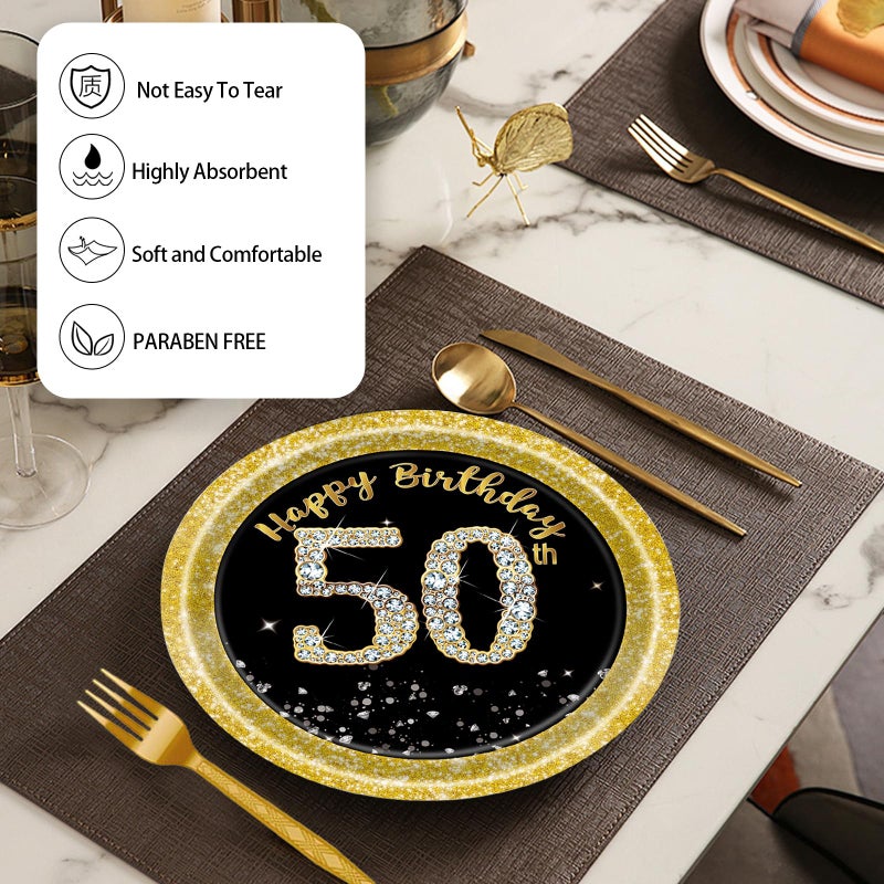 KFJBPB 72 Pcs 50th Birthday Paper Plates and Napkins Party Supplies  Back Gold 50th Birthday Party Plates and Napkins Tableware Set for Men Women Cheers to 50 Years Decorations Serves 24 - Image 3