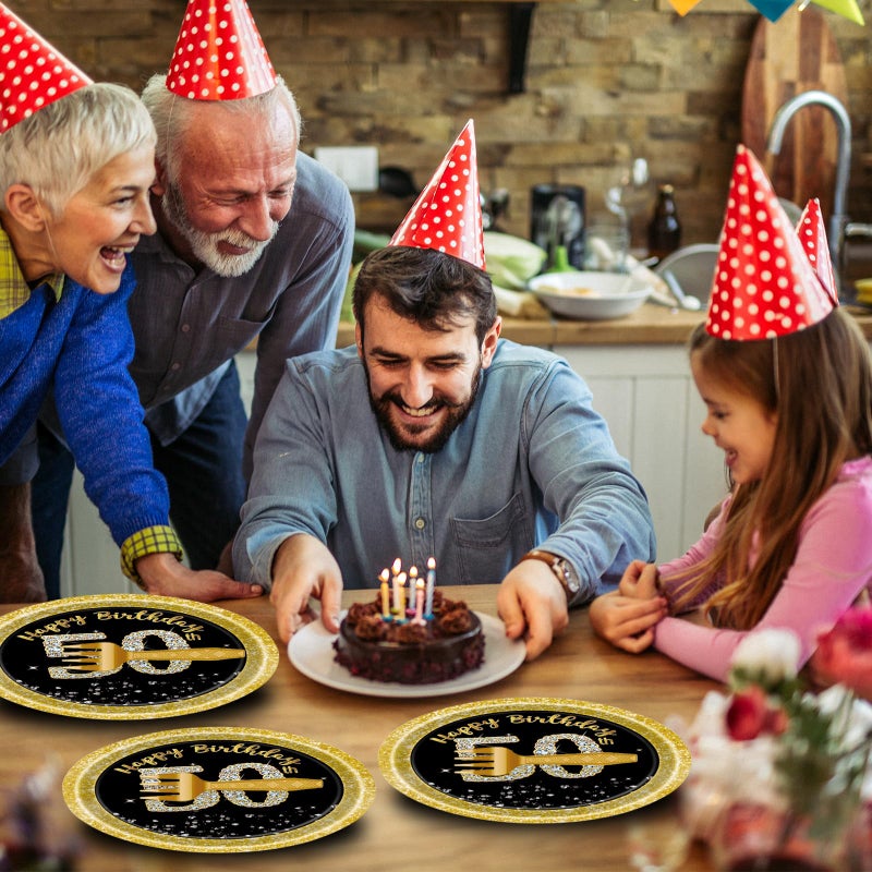 KFJBPB 72 Pcs 50th Birthday Paper Plates and Napkins Party Supplies  Back Gold 50th Birthday Party Plates and Napkins Tableware Set for Men Women Cheers to 50 Years Decorations Serves 24 - Image 4
