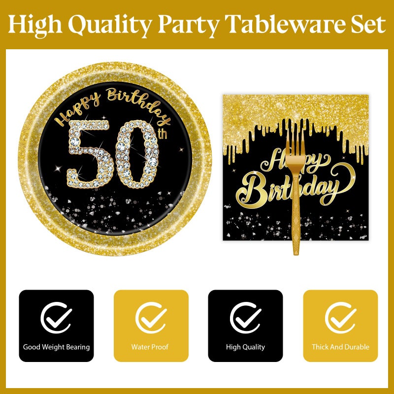 KFJBPB 72 Pcs 50th Birthday Paper Plates and Napkins Party Supplies  Back Gold 50th Birthday Party Plates and Napkins Tableware Set for Men Women Cheers to 50 Years Decorations Serves 24 - Image 2