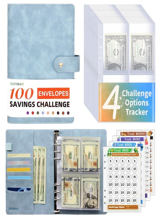 DONBAO 100 Envelopes Money Saving Challenge Binder, A5 Budget Binder with Envelopes and Challenge Tracker, 2024 New Savings Challenges Planner Book to Save $500, $1000, $5050, $10000 (Blue) - Image 1