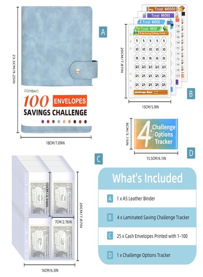 DONBAO 100 Envelopes Money Saving Challenge Binder, A5 Budget Binder with Envelopes and Challenge Tracker, 2024 New Savings Challenges Planner Book to Save $500, $1000, $5050, $10000 (Blue) - Image 3