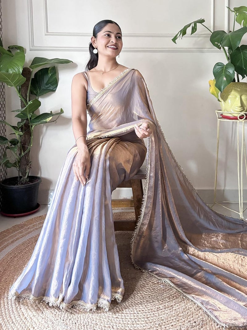 saree mall ساري مول للنساء - ساري معدني من حرير الورق مزين مع قطعة بلوزة غير مخيطة (AARYAN12901_KR) - Image 4
