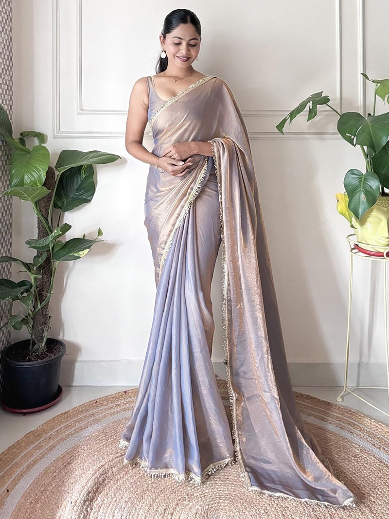 saree mall ساري مول للنساء - ساري معدني من حرير الورق مزين مع قطعة بلوزة غير مخيطة (AARYAN12901_KR) - Image 2