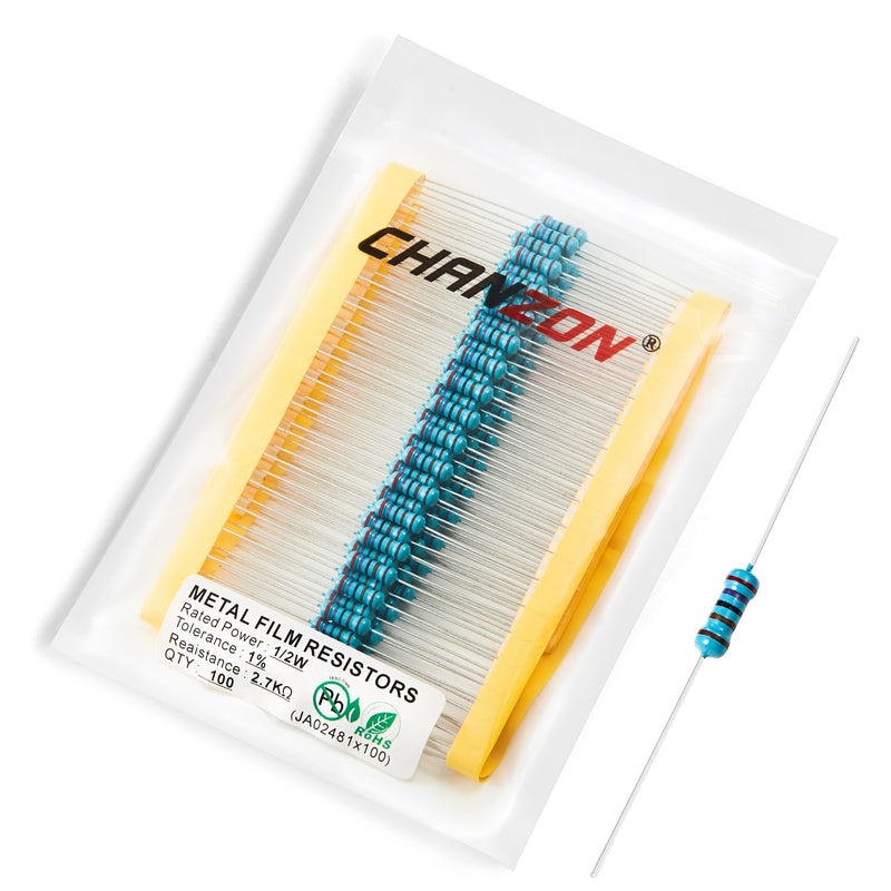 CHANZON 100 قطعة 1/2 واط (0.5 واط) 2.7 كΩ أوم مقاومة ثابتة من الفيلم المعدني 0.01 ±1% تحمل 2.7K R MF مقاومات عبر الفتحة مع شهادة روهس - Image 1