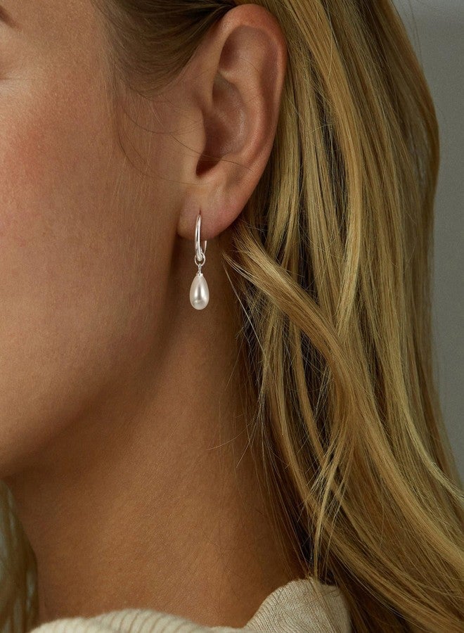 Robaice Pearl Dangle Earrings for Women, Silver Plated Small Pearl Drop Huggie Hoop Earrings, Hypoallergenic Dainty Silver Earrings Wedding Jewelry Gifts for Women Trendy - Image 4