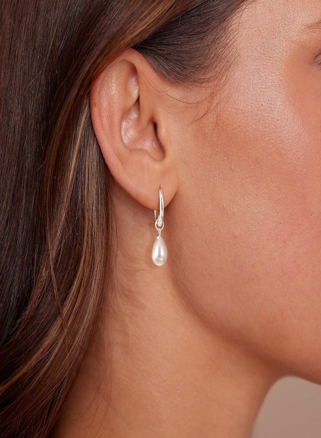 Robaice Pearl Dangle Earrings for Women, Silver Plated Small Pearl Drop Huggie Hoop Earrings, Hypoallergenic Dainty Silver Earrings Wedding Jewelry Gifts for Women Trendy - Image 3