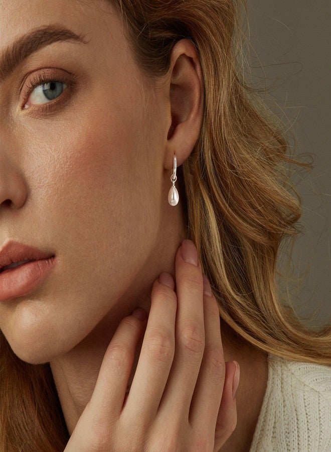 Robaice Pearl Dangle Earrings for Women, Silver Plated Small Pearl Drop Huggie Hoop Earrings, Hypoallergenic Dainty Silver Earrings Wedding Jewelry Gifts for Women Trendy - Image 2