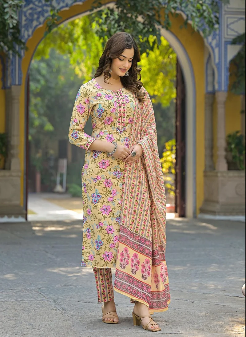 زيري سوق Yellow Rayon Blend Floral Printed 3-Piece Kurta Set