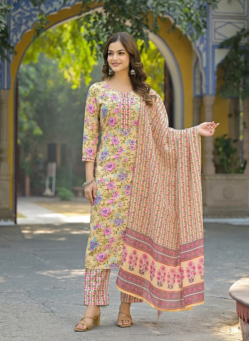 زيري سوق Yellow Rayon Blend Floral Printed 3-Piece Kurta Set