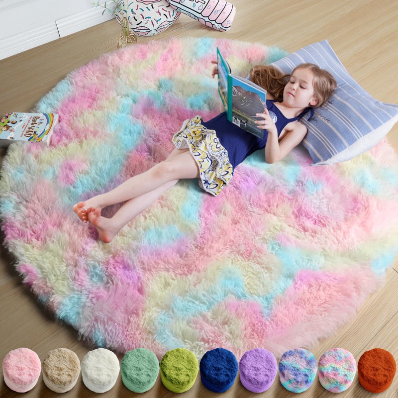 Amdrebio Rainbow Fluffy Round Rug 4Ft Kids Rugs for Girls Bedroom, Unicorn Room Decor, Colorful Pastel Shag Carpet for Preppy Dorm, Soft Cute Fuzzy Kawaii Circle Area Rugs for Baby Nursery, Playroom - Image 1