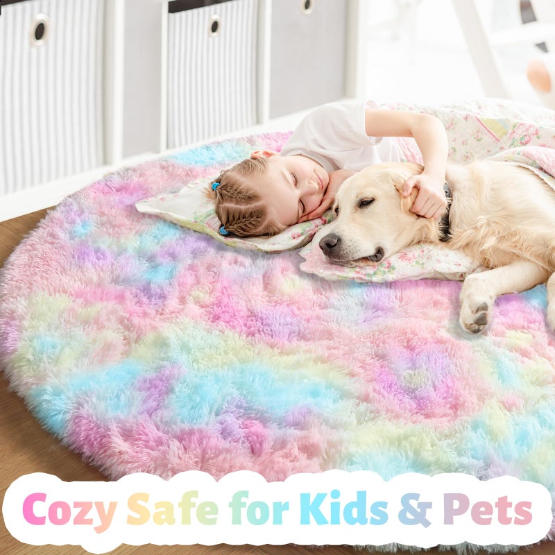 Amdrebio Rainbow Fluffy Round Rug 4Ft Kids Rugs for Girls Bedroom, Unicorn Room Decor, Colorful Pastel Shag Carpet for Preppy Dorm, Soft Cute Fuzzy Kawaii Circle Area Rugs for Baby Nursery, Playroom - Image 2