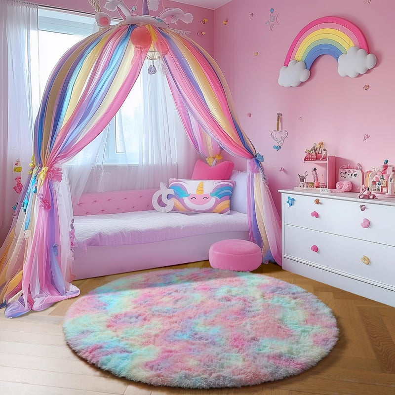 Amdrebio Rainbow Fluffy Round Rug 4Ft Kids Rugs for Girls Bedroom, Unicorn Room Decor, Colorful Pastel Shag Carpet for Preppy Dorm, Soft Cute Fuzzy Kawaii Circle Area Rugs for Baby Nursery, Playroom - Image 5
