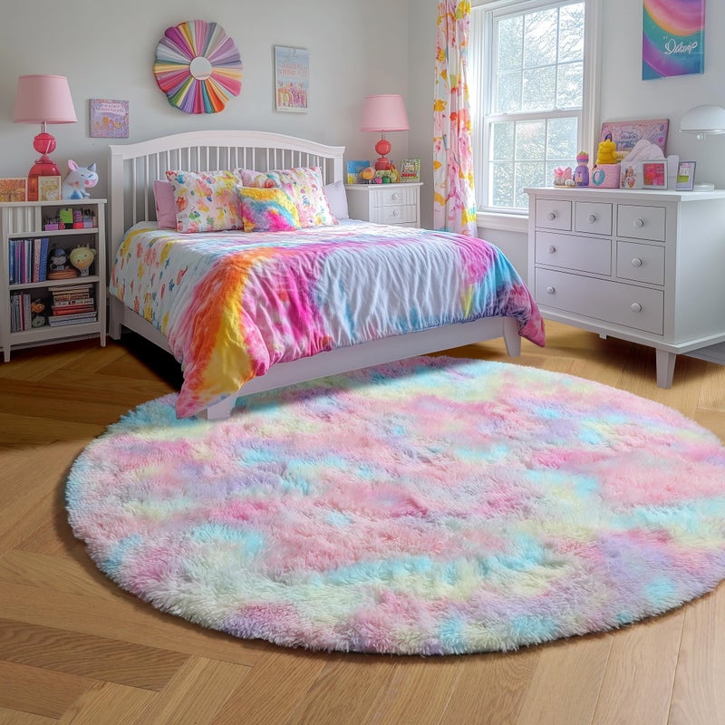 Amdrebio Rainbow Fluffy Round Rug 4Ft Kids Rugs for Girls Bedroom, Unicorn Room Decor, Colorful Pastel Shag Carpet for Preppy Dorm, Soft Cute Fuzzy Kawaii Circle Area Rugs for Baby Nursery, Playroom - Image 3